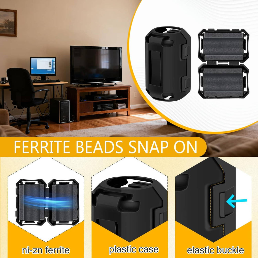 Black snap-on ferrite choke beads, two-piece clip style with inner core
