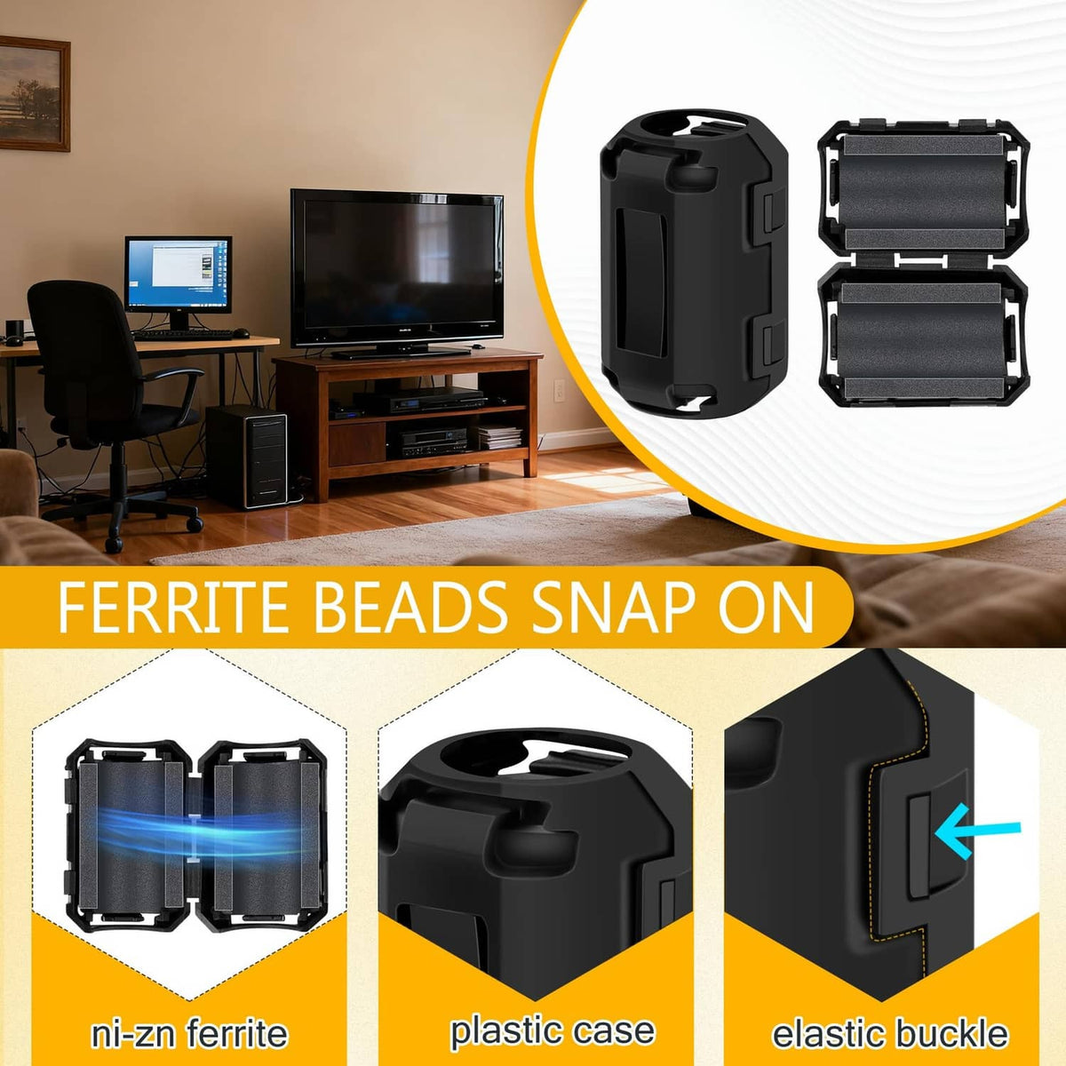 Black snap-on ferrite choke beads, two-piece clip style with inner core