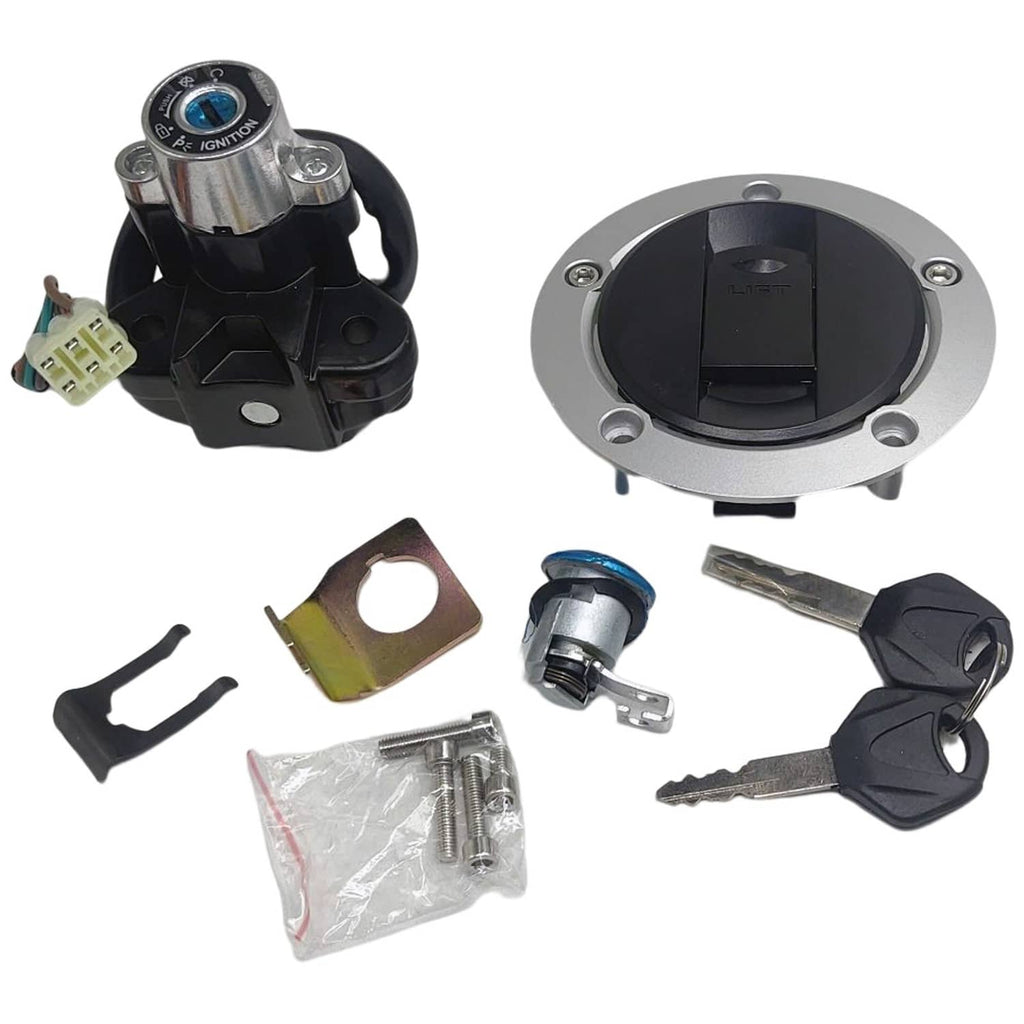 Ignition switch and fuel cap lock set with two keys, lock cylinder, mounting hardware