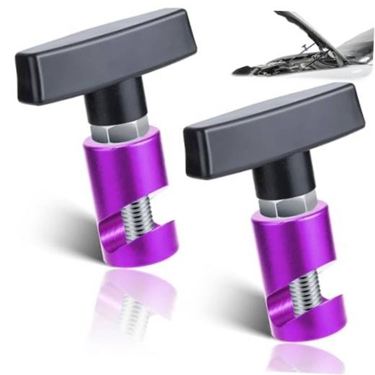 Purple hood strut clamp with black handle and threaded screw stud.