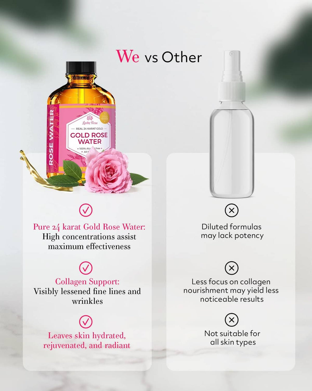 Gold rose water toner bottle next to a clear dropper bottle, both with amber liquid