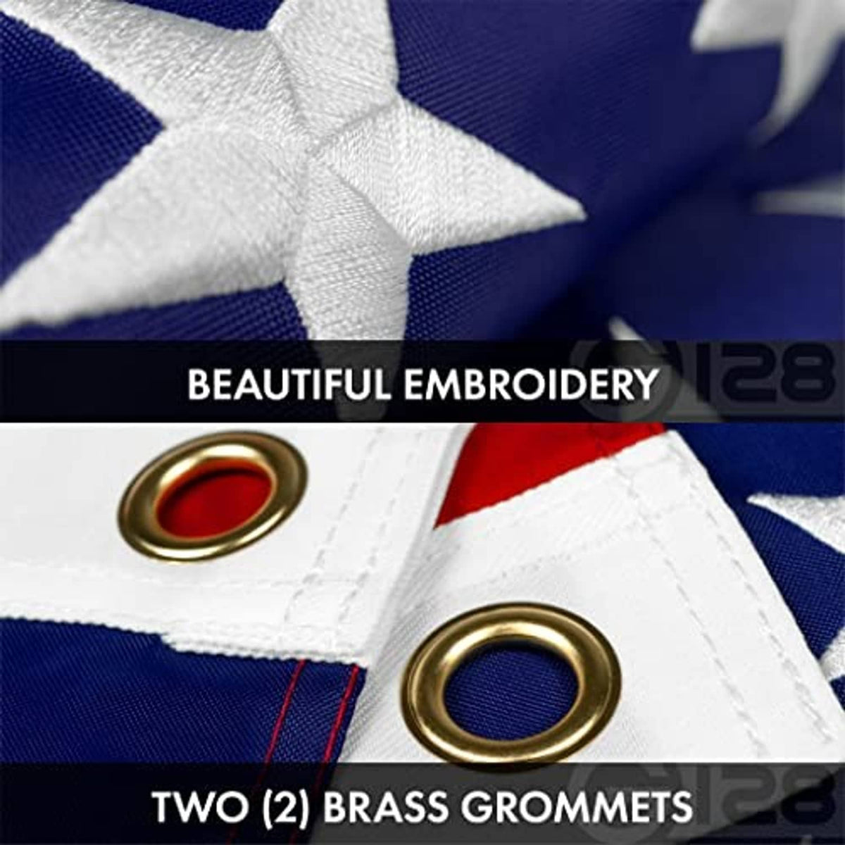 Embroidered white star on blue flag with red seam and two brass grommets