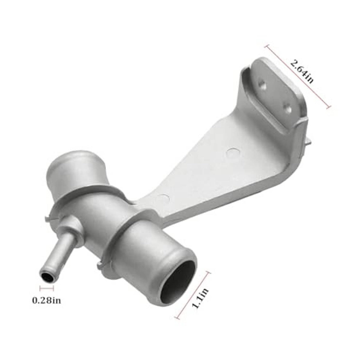 Silver coolant pipe with mounting plate and two hose ports, showing overall angles