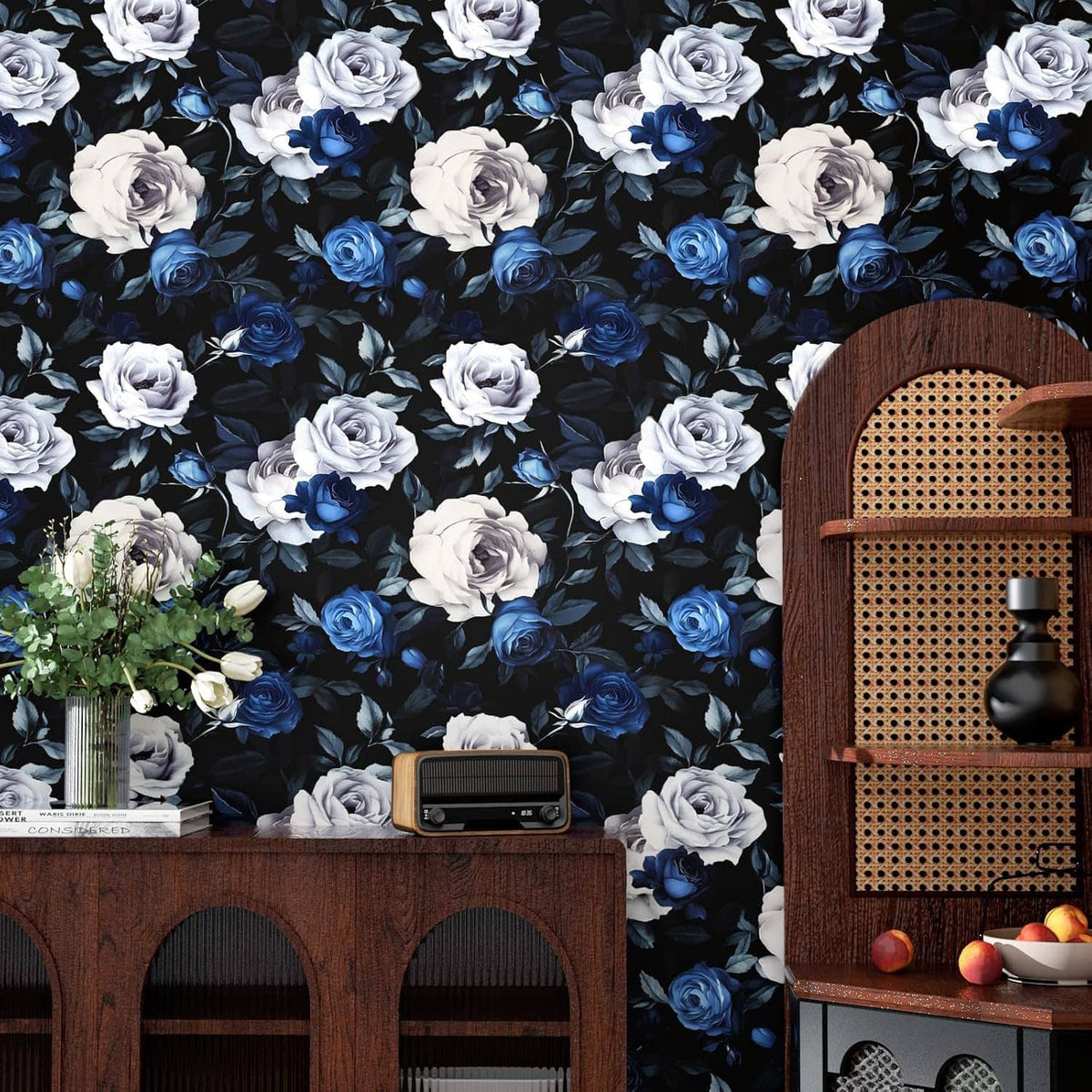 Floral peel-and-stick wallpaper covering a wall with blue and white rose pattern