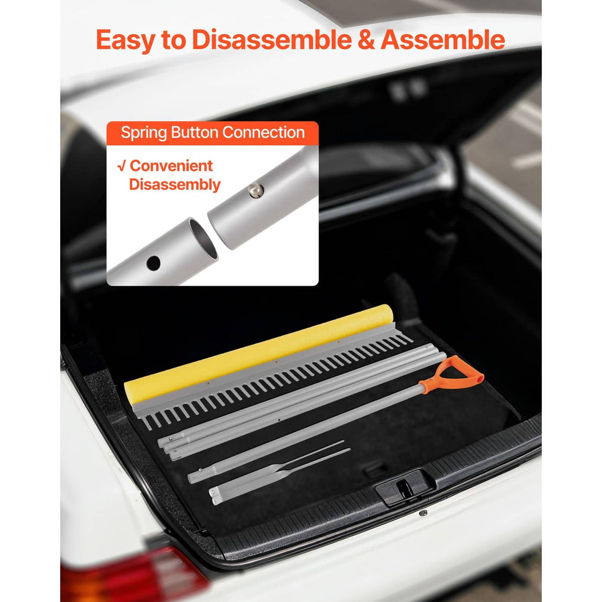 Aluminum landscape rake with spring-button connection and toothed head; quick assembly design