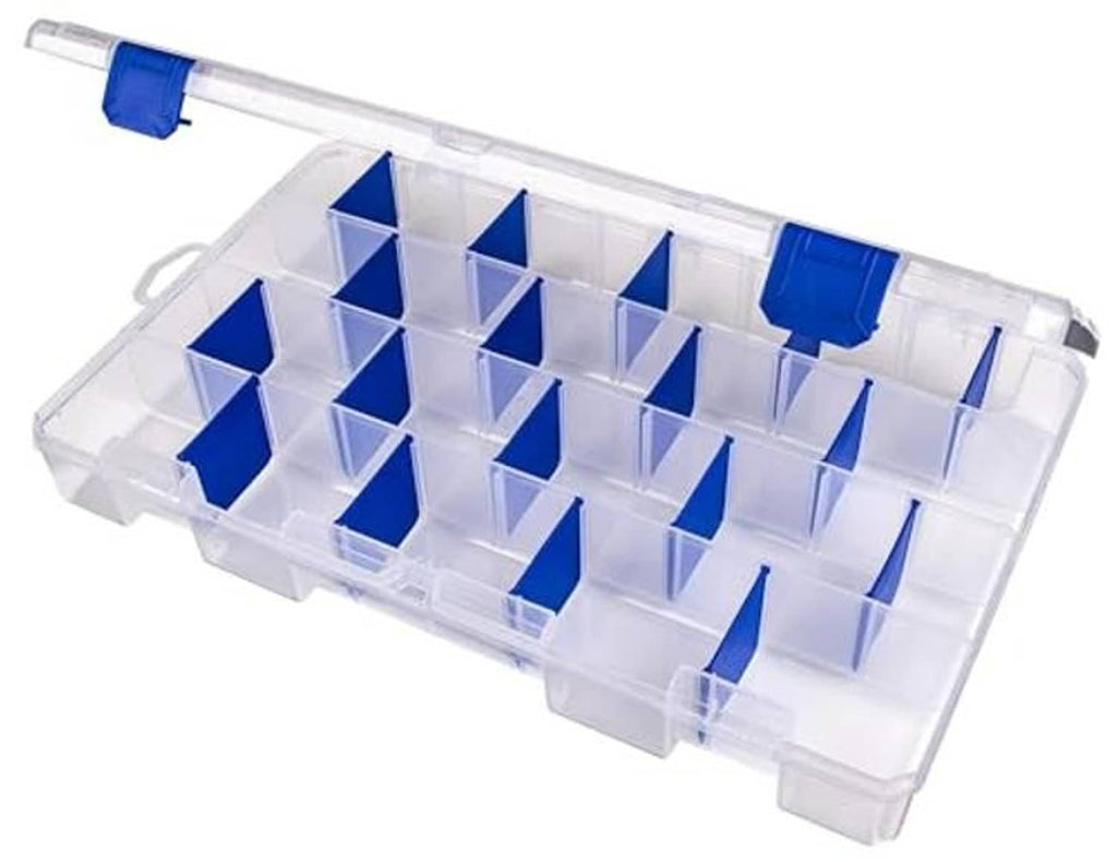 Clear fishing tackle organizer box with blue divider inserts and 36 compartments