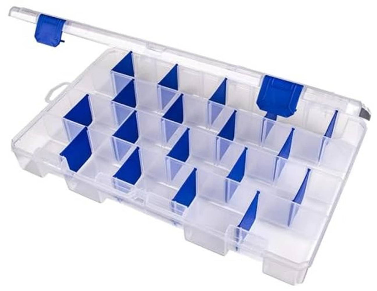 Clear fishing tackle organizer box with blue divider inserts and 36 compartments