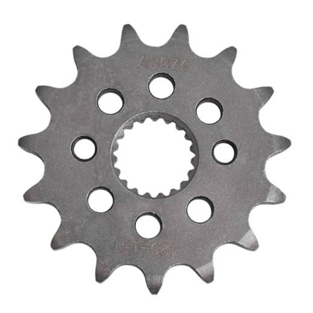 Dark gray front motorcycle sprocket with 15 teeth, center spline, and 6 bolt holes