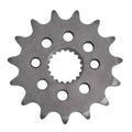Dark gray front motorcycle sprocket with 15 teeth, center spline, and 6 bolt holes