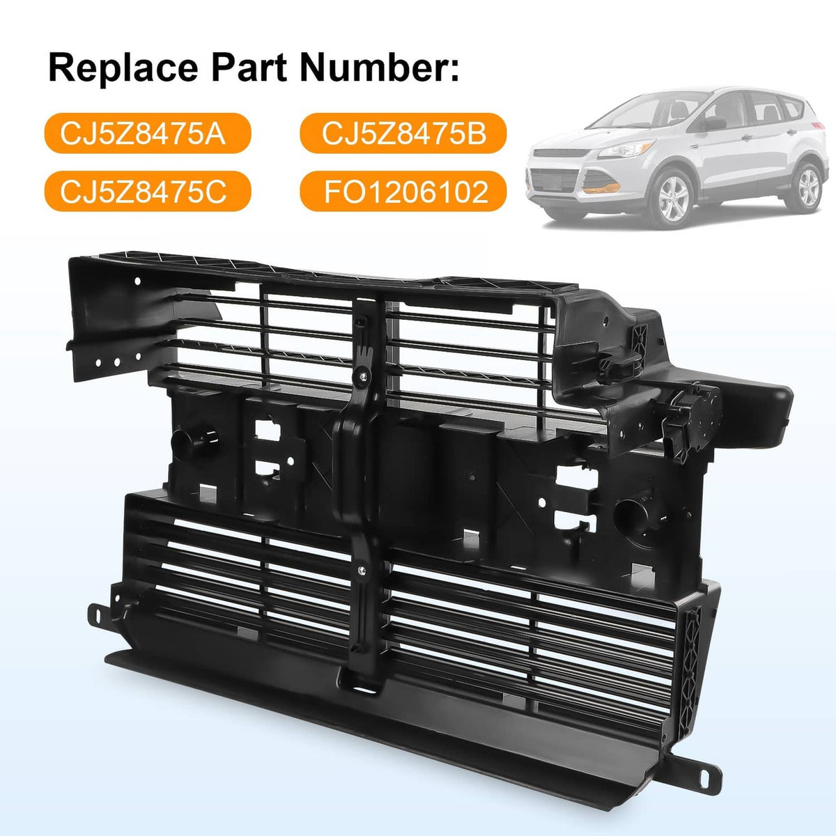 Black active grille shutter assembly with front slats, central bracket, and mounting holes