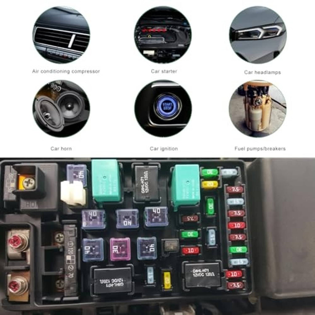 Car relay and fuse panel showing multiple colored relays and fuses