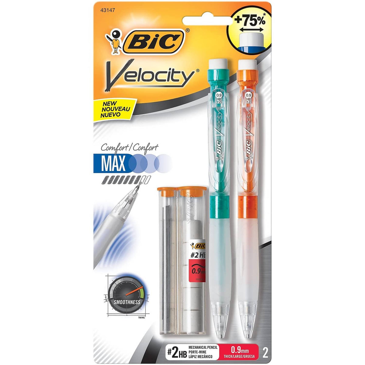 Velocity Max mechanical pencils, orange and green, clear barrels, 2-pack