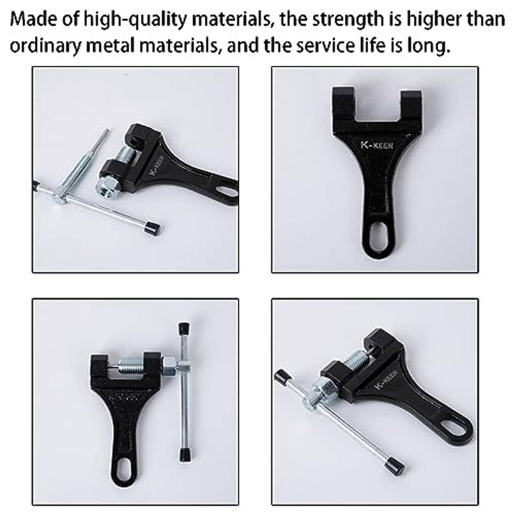 Black chain breaker tool shown from multiple angles with silver guide bar
