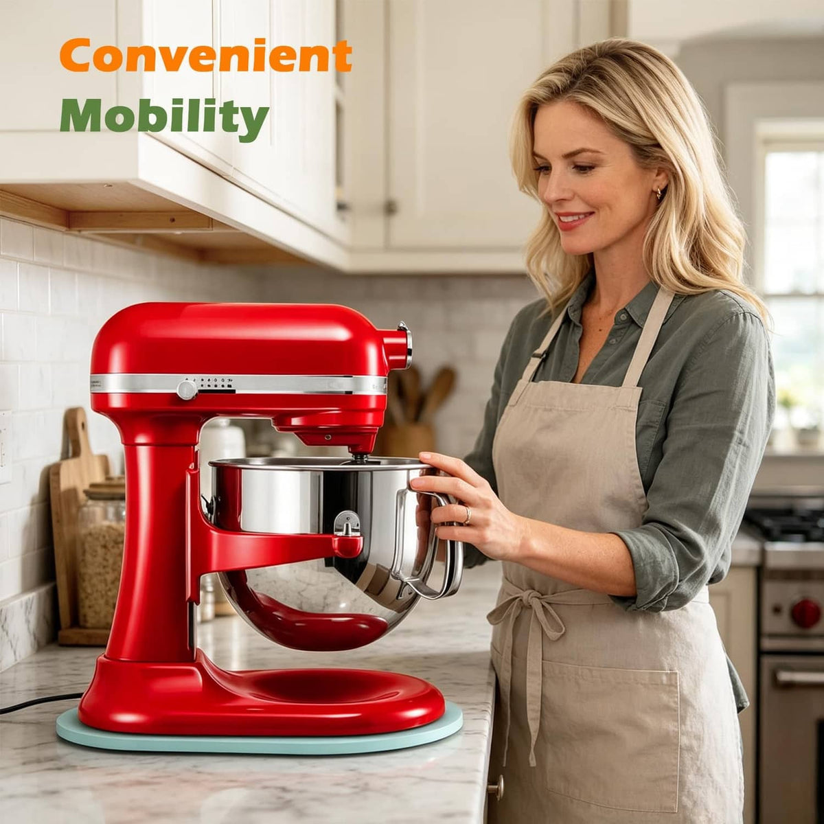 Red stand mixer with blue slider pad for convenient mobility