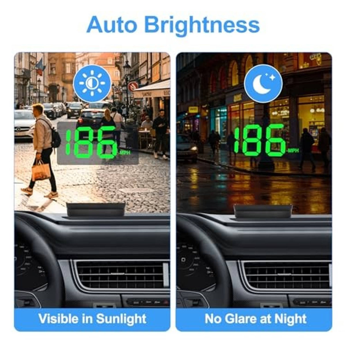 Car speed HUD display with green digits visible, split view for day and night clarity