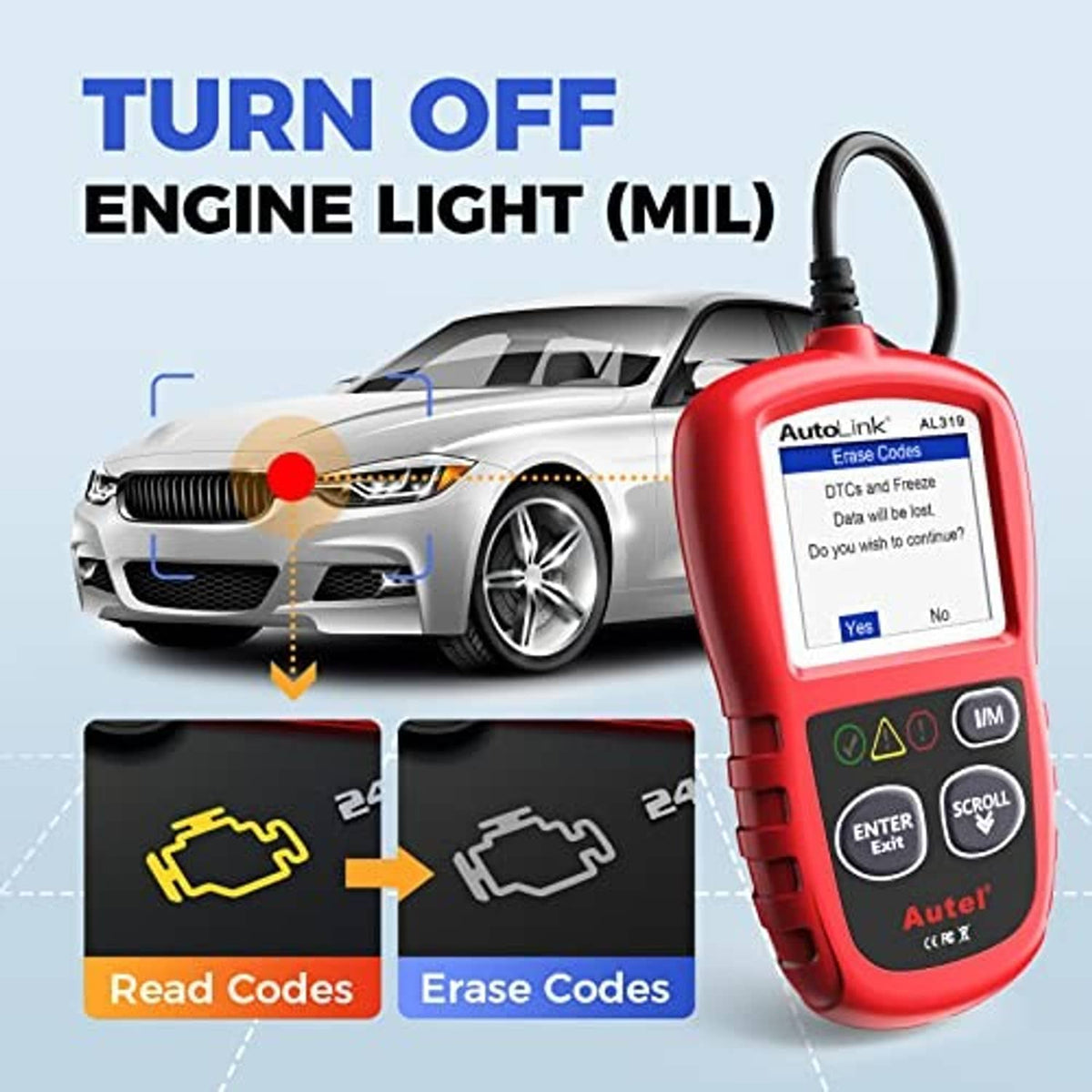 Red handheld OBD2 code reader with display and cable, shown for MIL engine light use