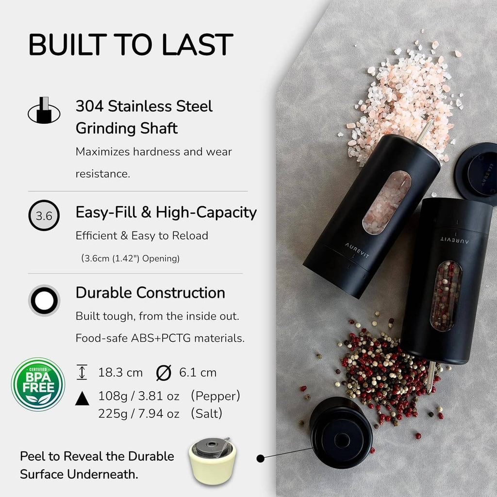 Salt and pepper grinder set with stainless parts diagram beside the dark mills