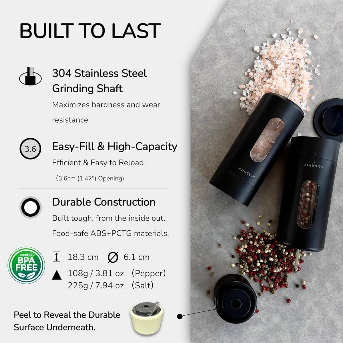Salt and pepper grinder set with stainless parts diagram beside the dark mills