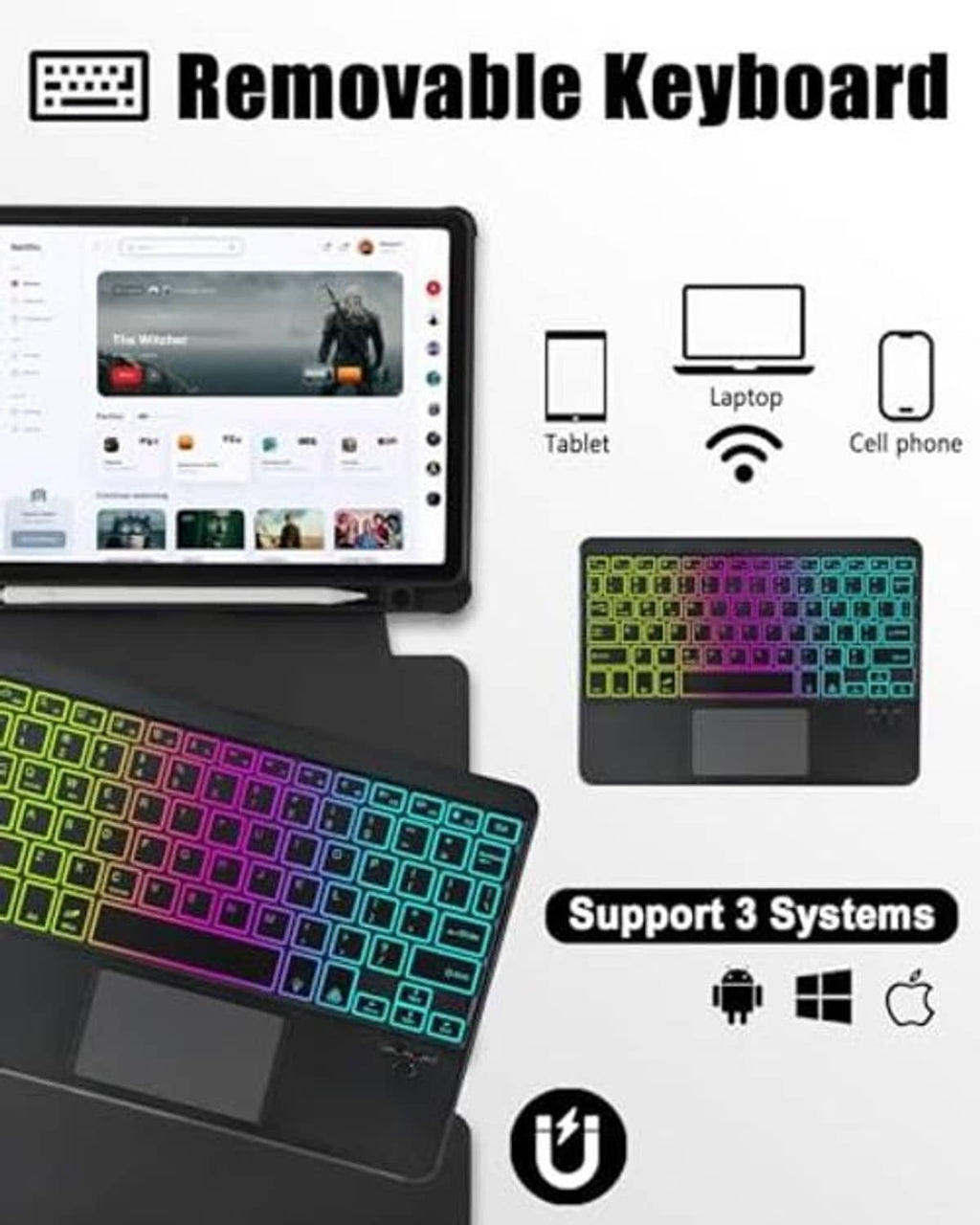 Removable black keyboard case with rainbow backlit keys and touchpad; supports multiple systems