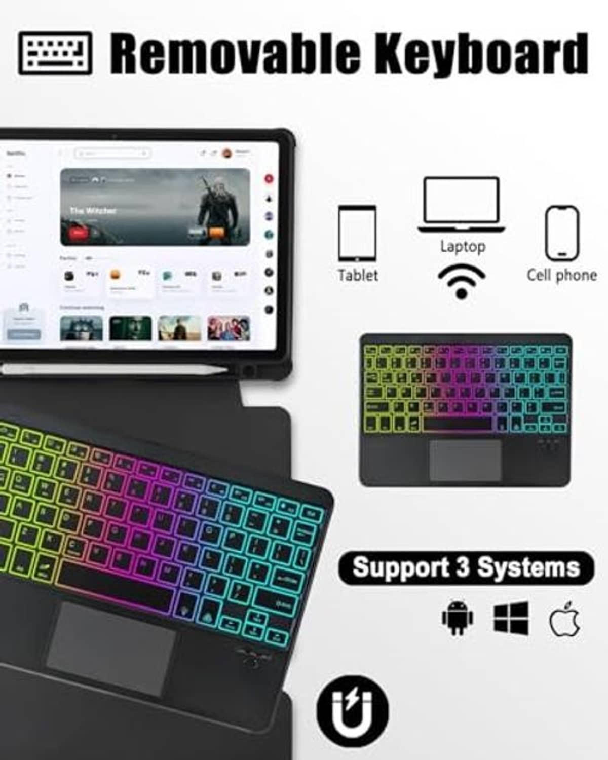 Removable black keyboard case with rainbow backlit keys and touchpad; supports multiple systems