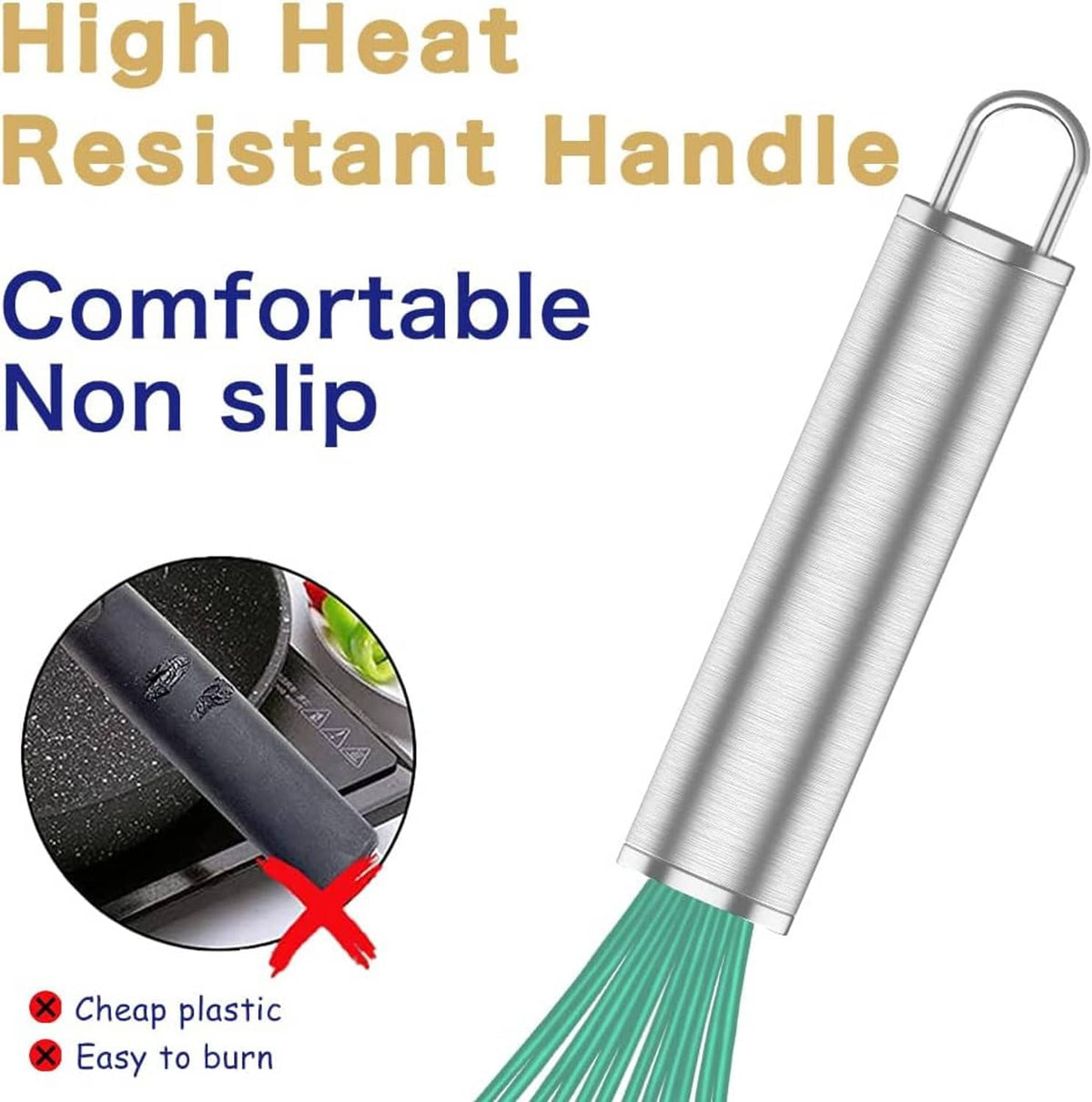 Stainless whisk handle with teal silicone whisk loops, non-slip comfort grip
