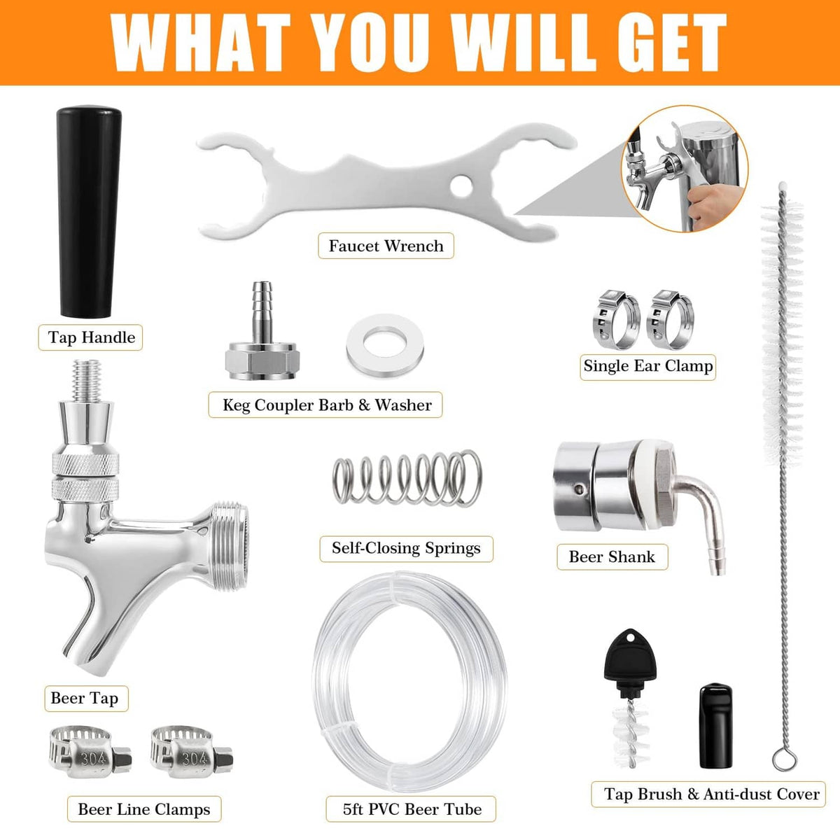 Beer faucet shank replacement kit components: faucet, shank, clamps, springs, beer line