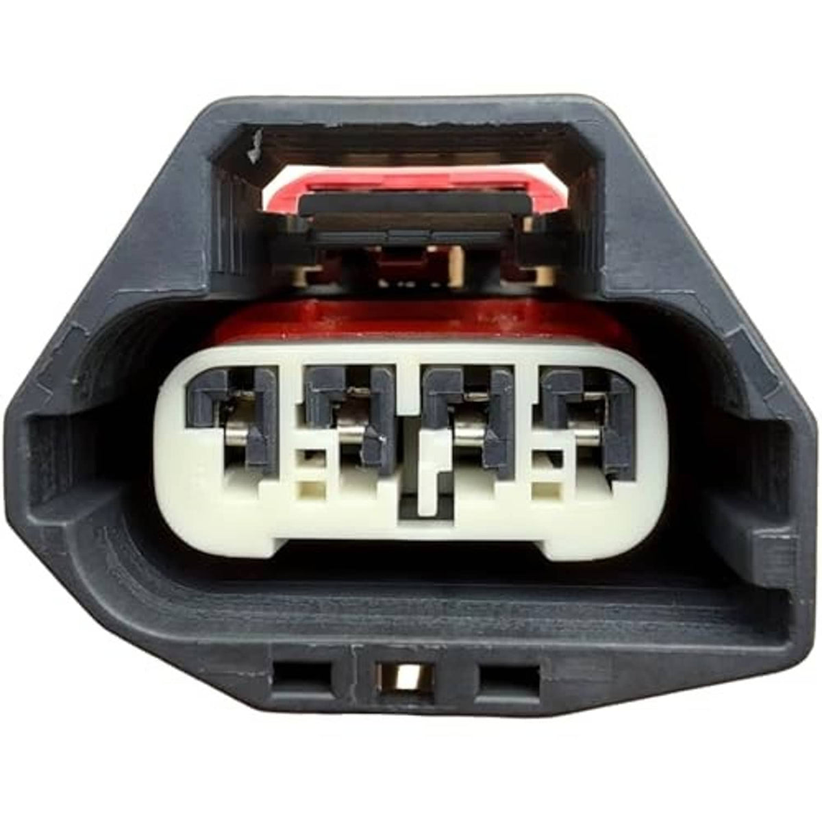Throttle body sensor connector plug front view with red latch and multi-pin white housing
