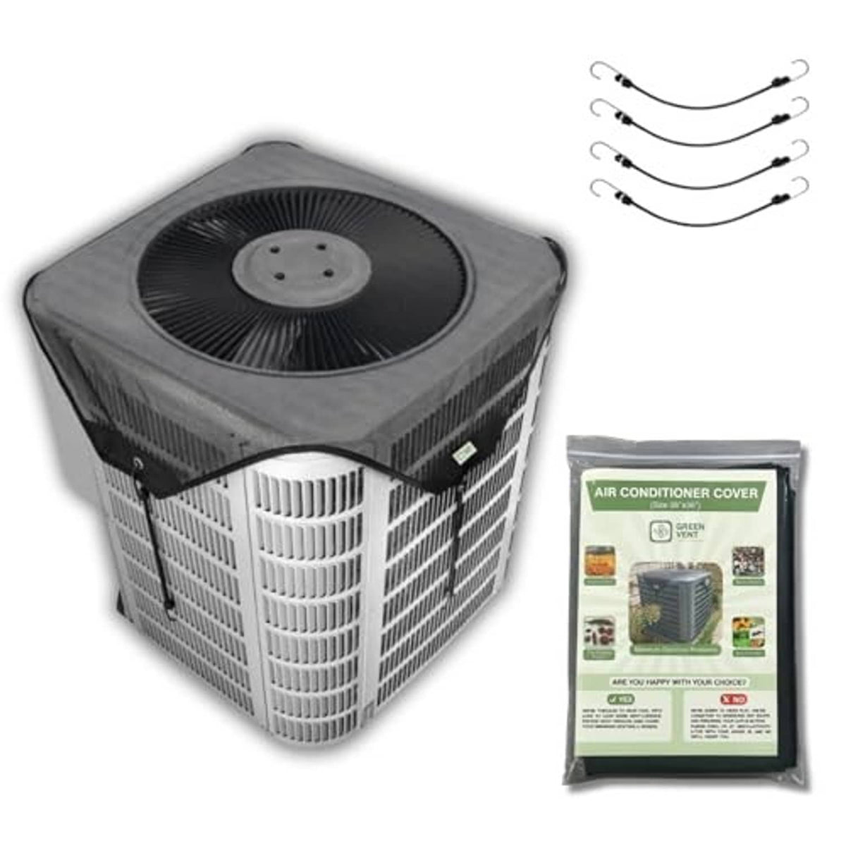 Square outdoor AC unit cover with mesh panels, elastic bungee cords, and storage bag