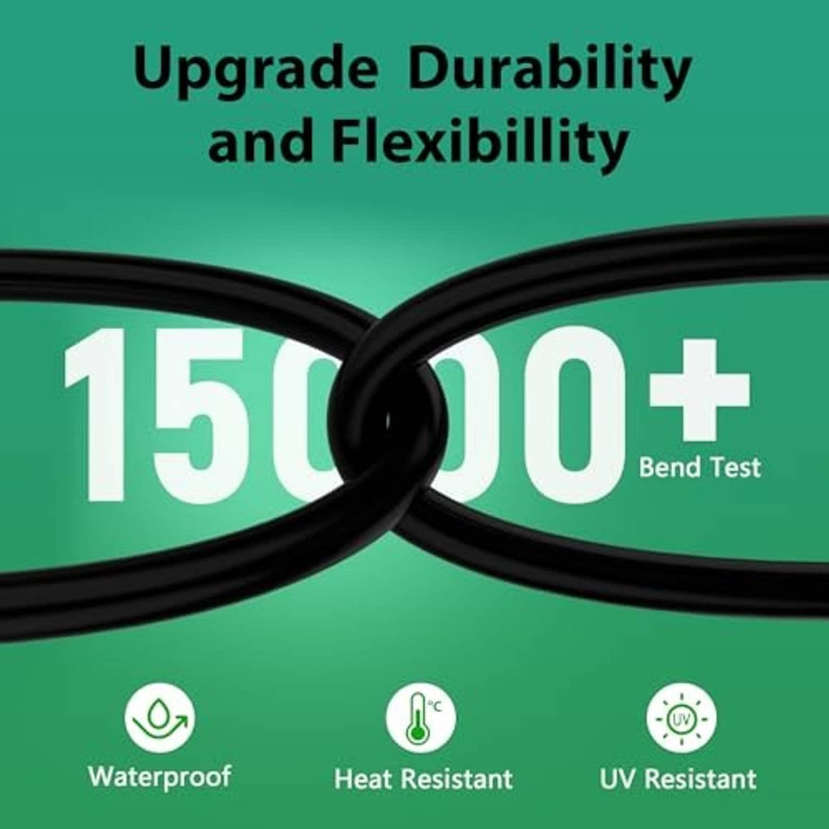 Heavy-duty black RV power adapter cable with durable insulation at a tight bend