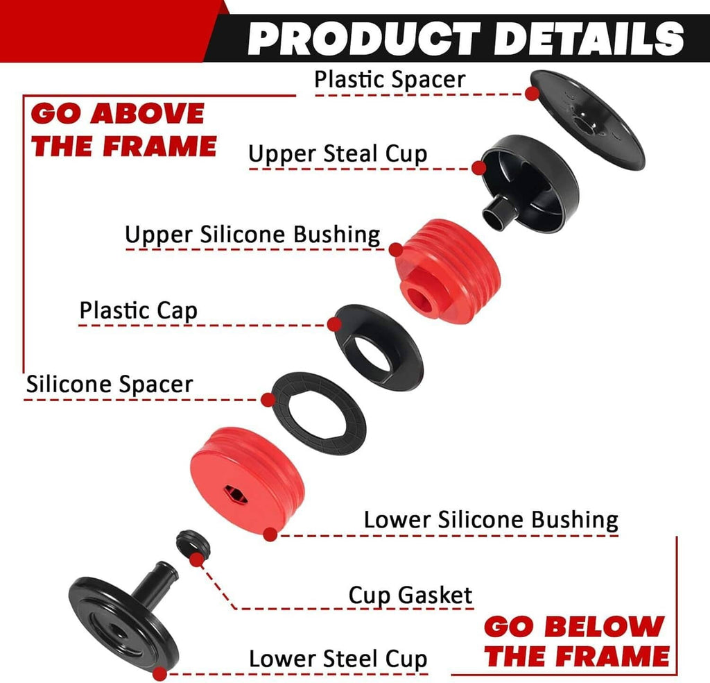 Exploded diagram of silicone body mount bushings with spacers, caps, and steel cups