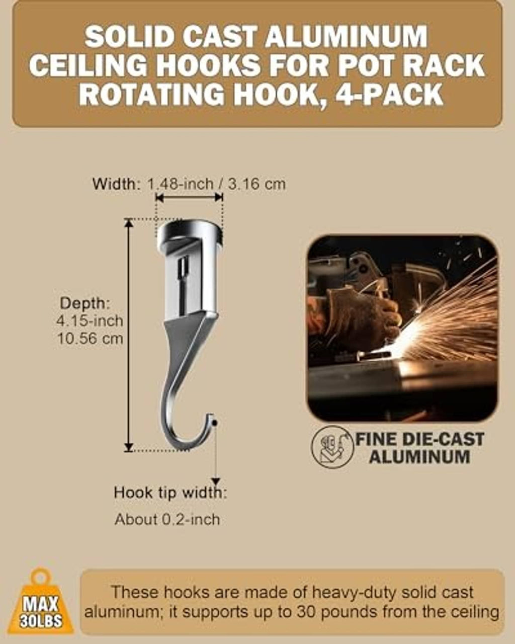 Aluminum rotating ceiling pot rack hook, adjustable hanging hook design