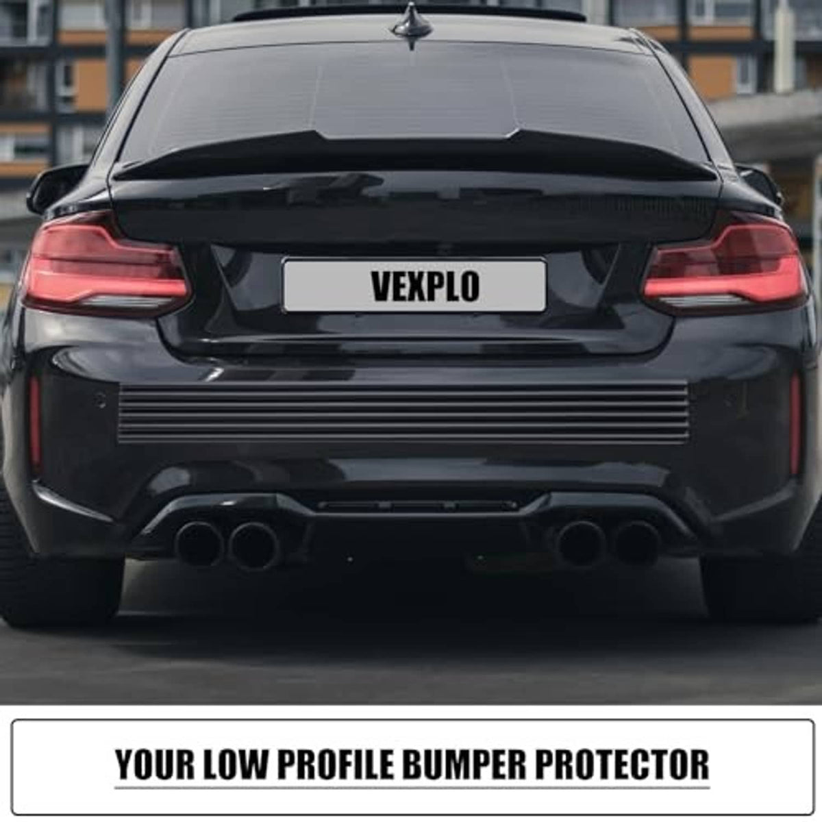 Black low-profile ribbed rear bumper protector strip mounted across the bumper