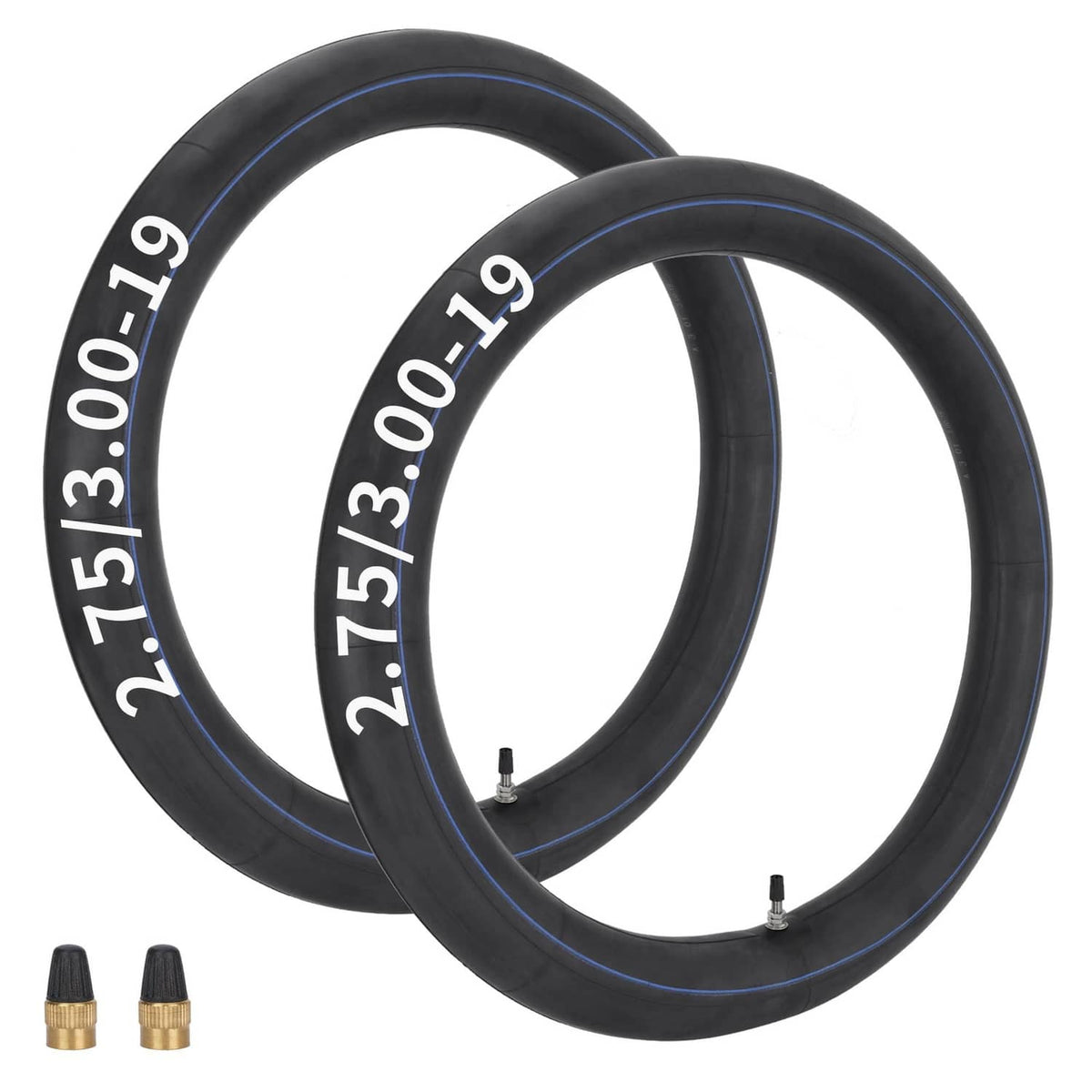 2-pack dirt bike inner tubes for 19 in hub, 2.75/3.00 size, black with blue stripe