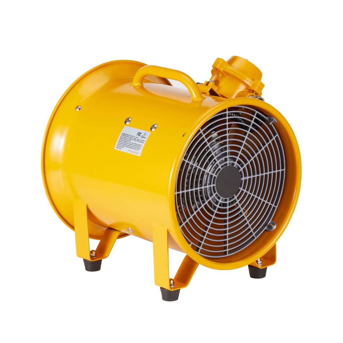 Yellow portable extractor fan blower with front grille and protective housing