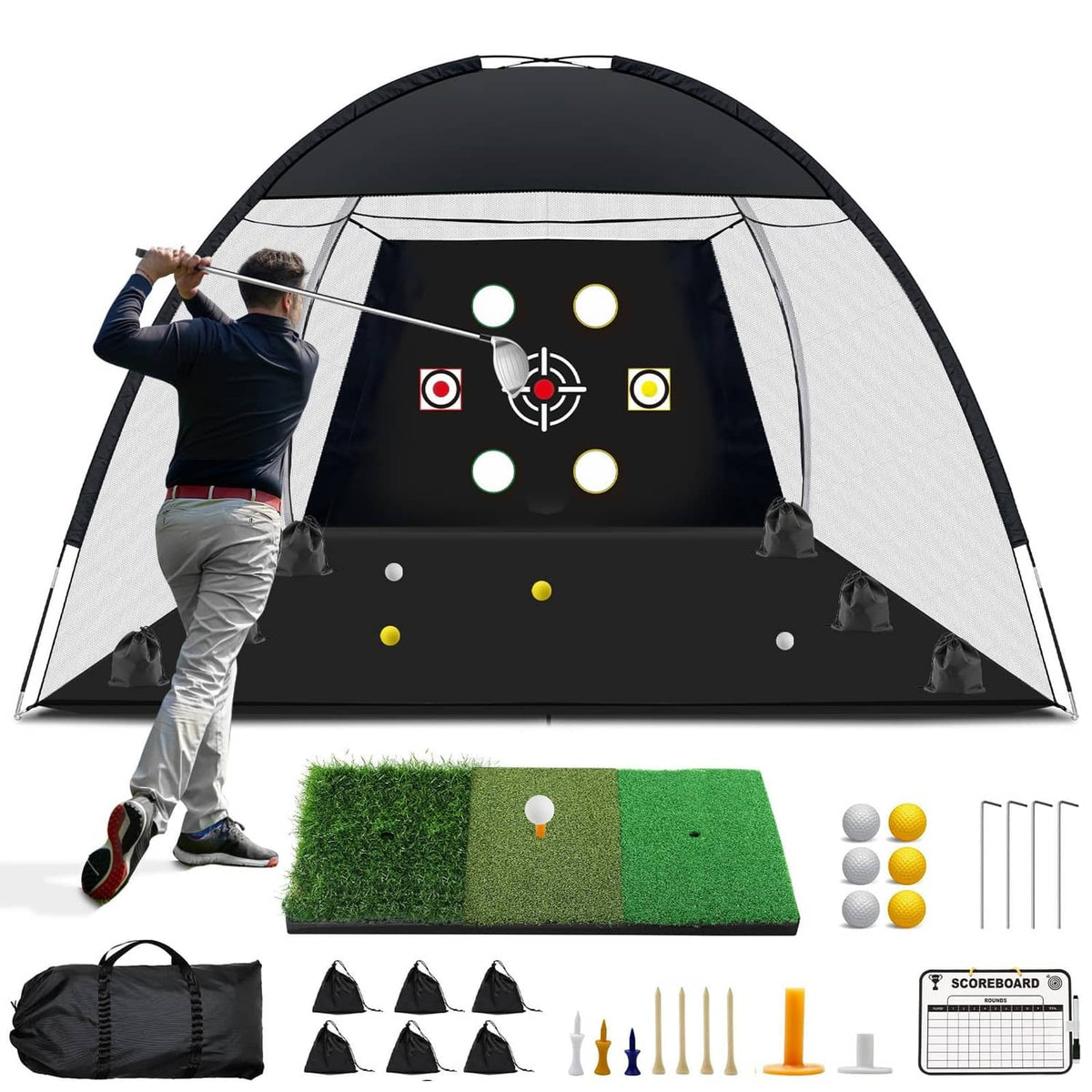 Black golf practice hitting net with target panel, tri-turf practice mat and stakes