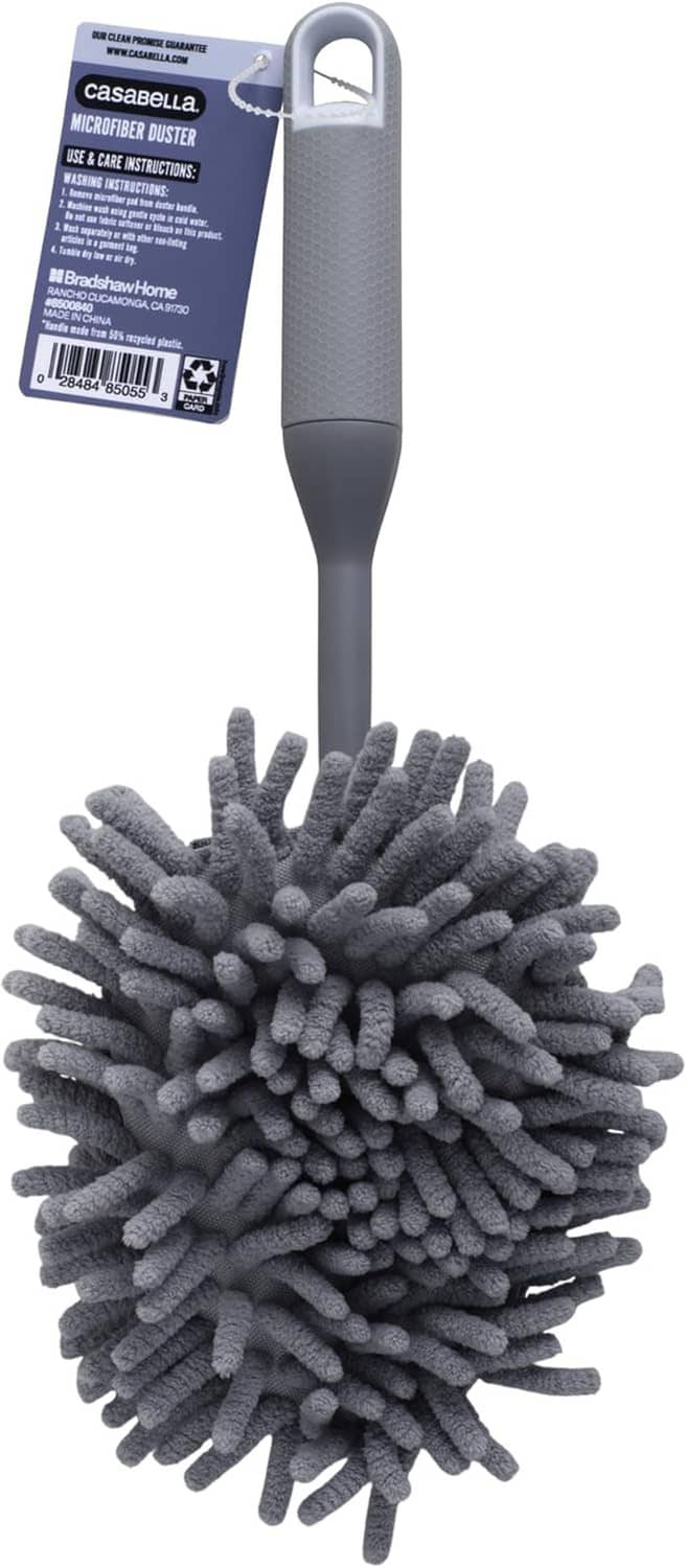 Gray handheld microfiber duster with loop handle and round chenille head