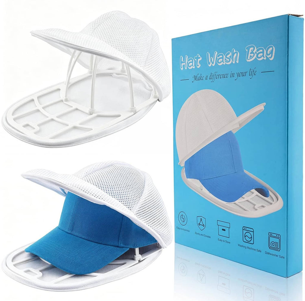 White mesh hat washer cage with brimmed cap, shown with a blue hat and 2-pack pieces