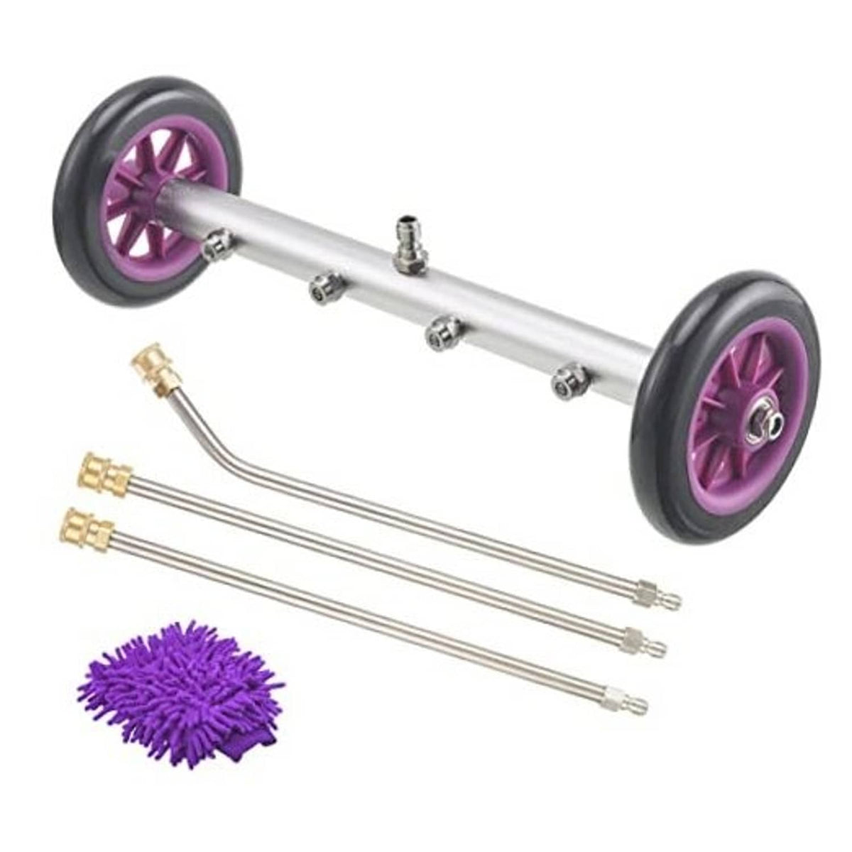 16 in undercarriage pressure washer cleaner with purple wheels, spray nozzle rods, and brush