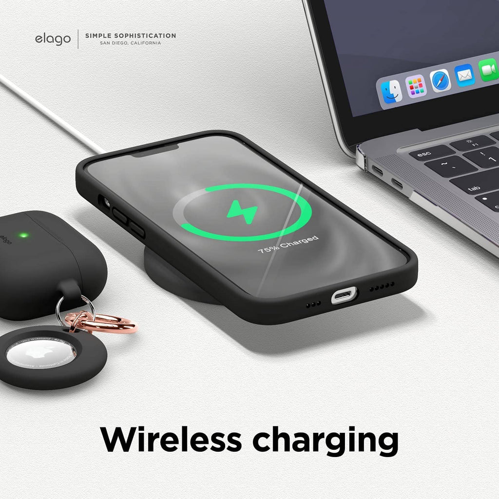 Black liquid silicone case compatible with wireless charging, slim protective profile