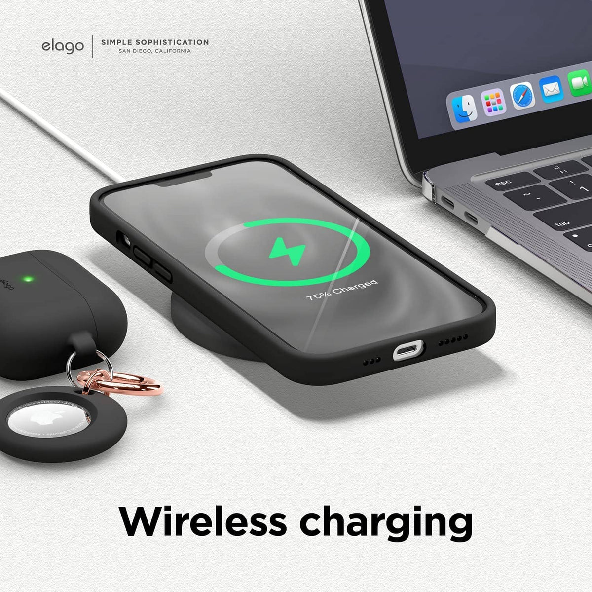 Black liquid silicone case compatible with wireless charging, slim protective profile