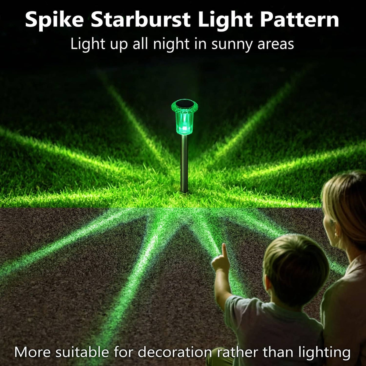 Green solar stake light with spike stand producing starburst light rays in grass