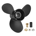 Black three-blade outboard boat propeller with center hub and mounting hardware