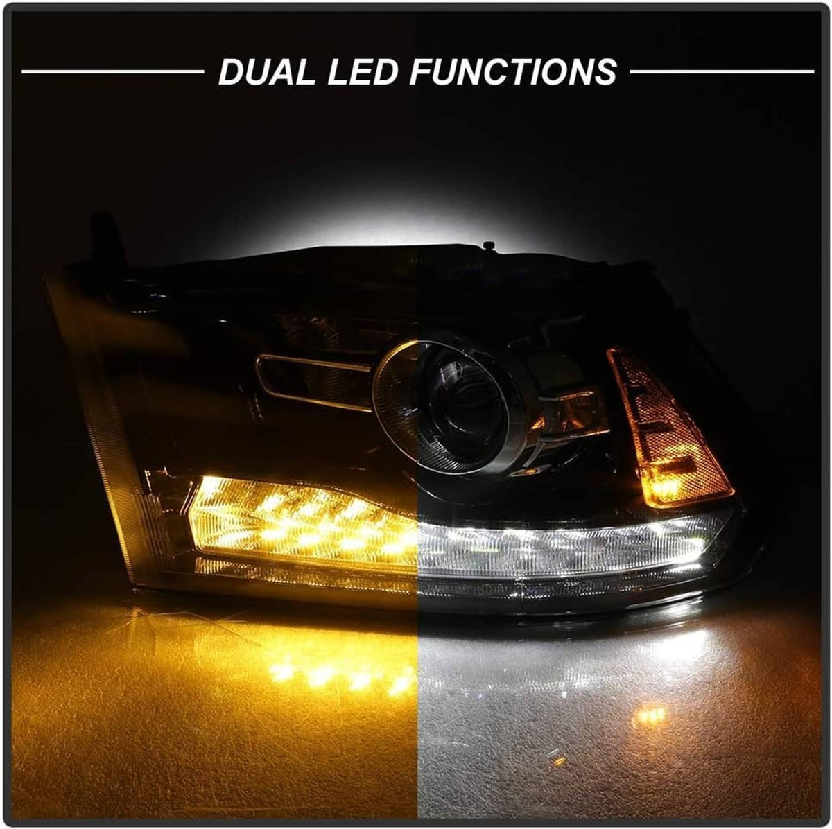 Chrome projector LED headlight with amber turn signal and clear lens, low beam lit