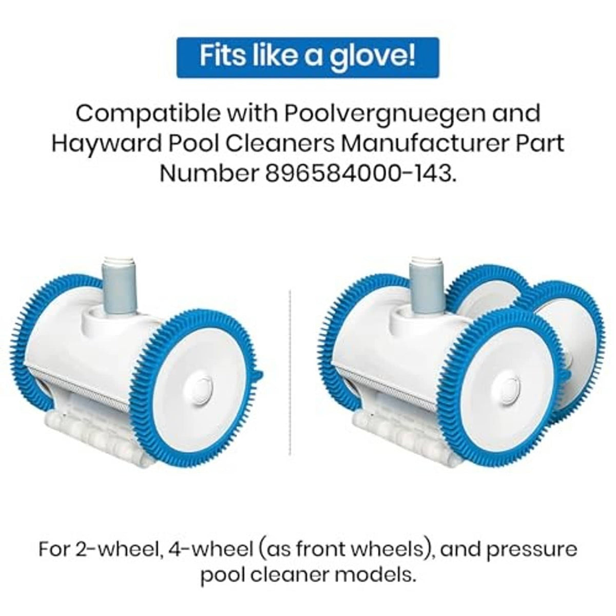 Blue replacement front tires mounted on a pool cleaner wheel housing