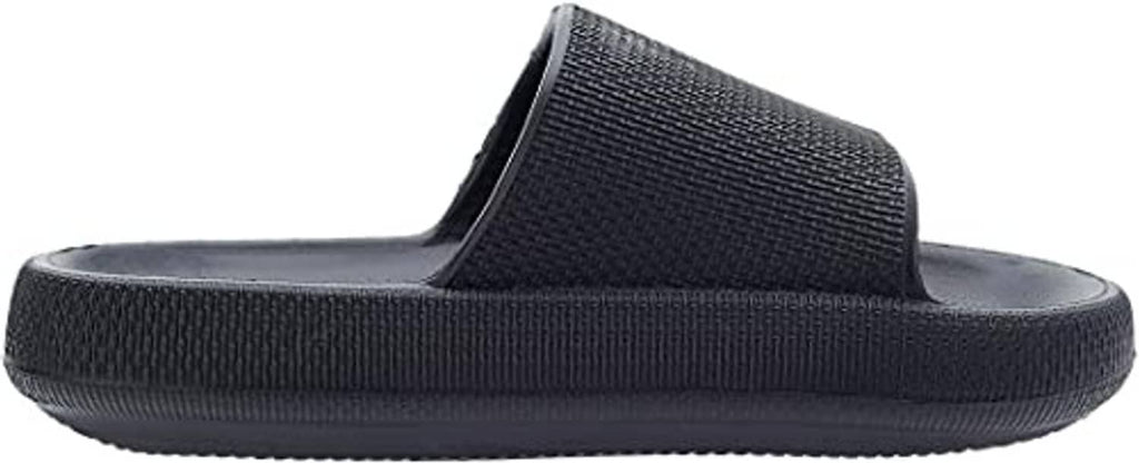 Black house slide slippers, side profile with open toe and wide strap.