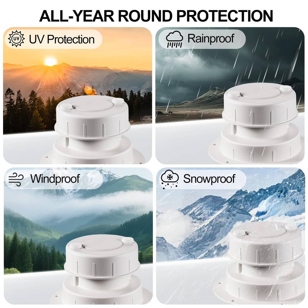 White RV plumbing vent cap on roof base with protective cover for all-weather use