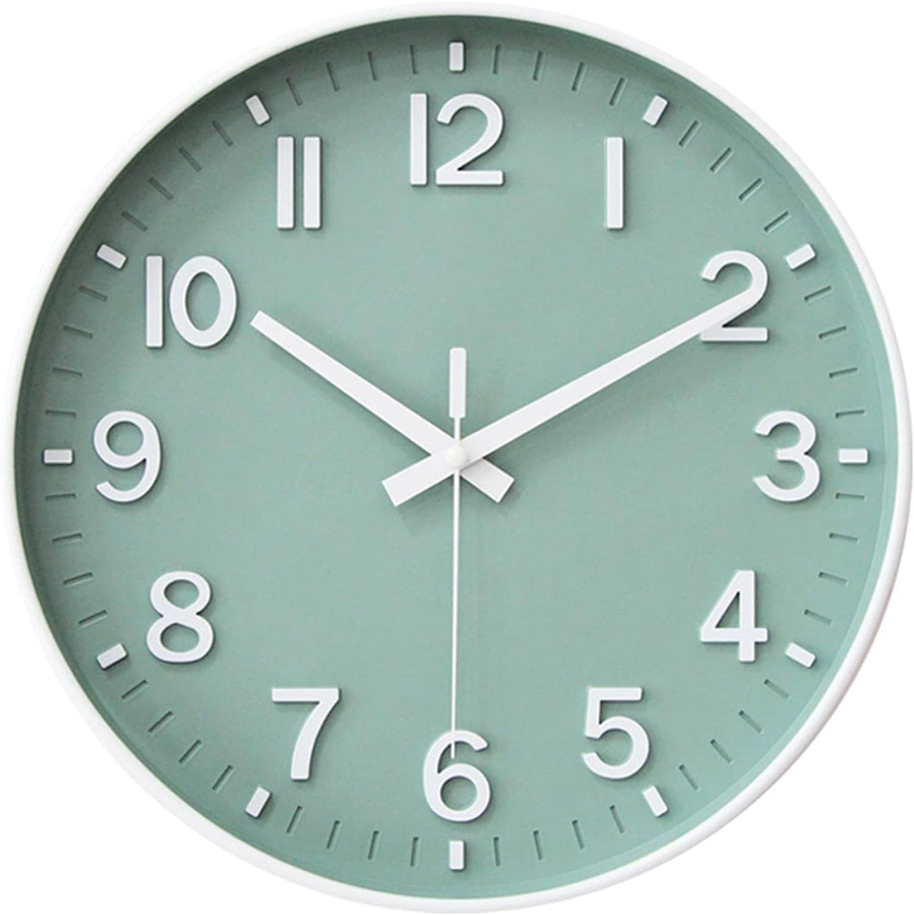 Close-up of green round wall clock with white hands and numerals, thick outer rim.