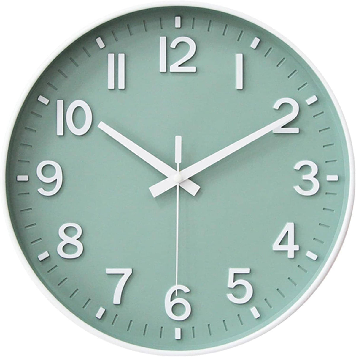 Close-up of green round wall clock with white hands and numerals, thick outer rim.