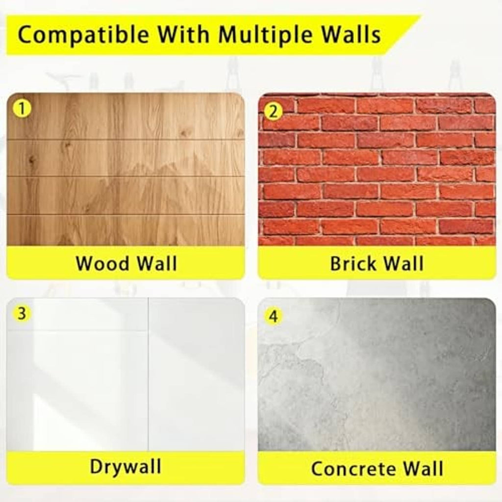 Wall-mount hook compatibility chart for wood, brick, drywall, and concrete surfaces