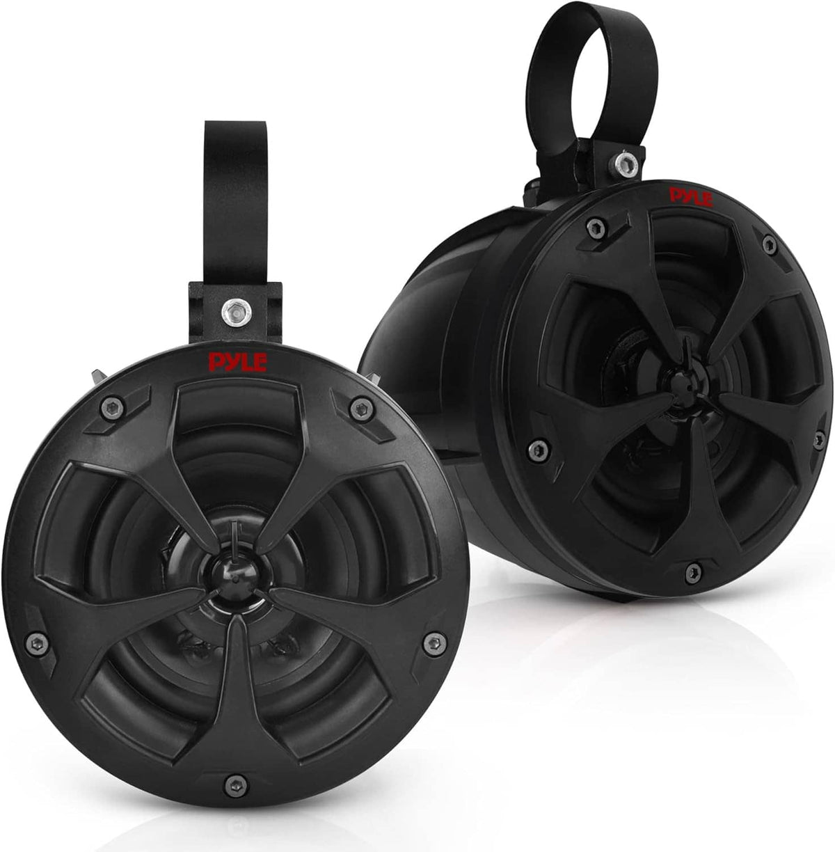 Black off-road Bluetooth waterproof speaker pair with mounting brackets and carrying handle